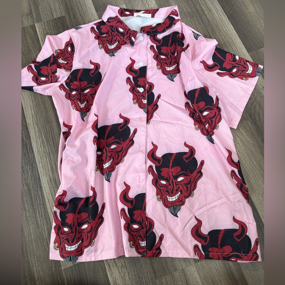 ROMWE Pink and Red Devil Print Men's Shirt